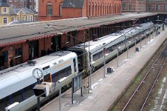 The "Øresundstog" trainset photographed in Helsingør 23. February 2005 . The trainset is built by Adtranz, Sweden (Bombardier Transportation). It is purchased in corporation between SJ, Sweden and DSB, Denmark. The trainsets are in operation between Sjælland in Denmark and southern Sweden via the bridge over Øresund. Each unit consists of 3 coaches. The trainsets was put in service in 2000 - 2003. Electric. 2.120 kW. Max speed 180 km/h - 112 mph. Length 78 900 mm. Weight 153 metric tonnes. 20 seats 1st class, 217 seats 2nd class. Up to 5 trainsets can be put together.